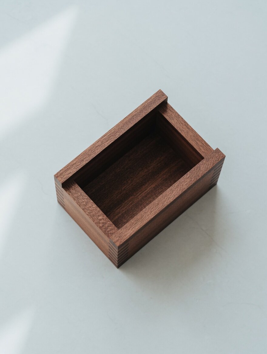 A walnut storage box, finger-jointed, top-down