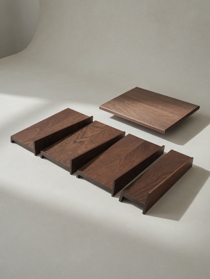 Five walnut shelves of graduated sizes, lined in directional light