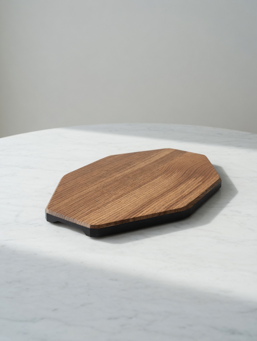 An octagonal oak serving board on marble