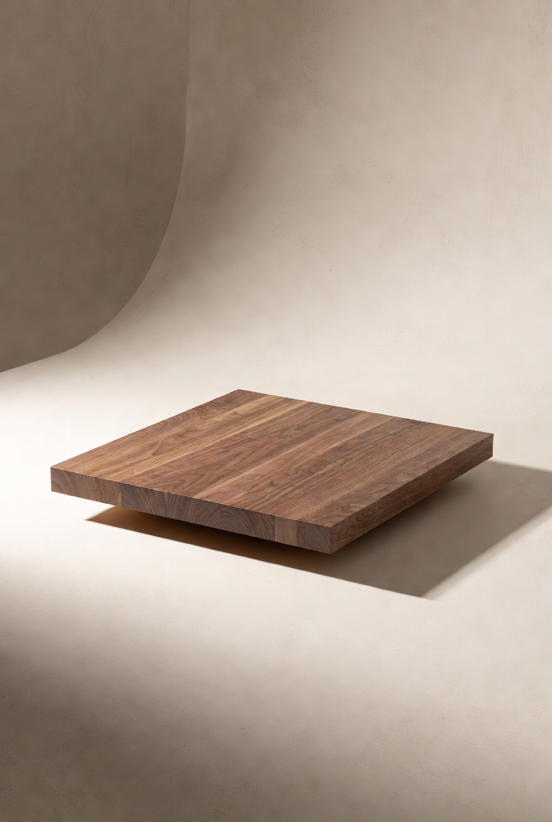 A square walnut floating plinth, low and minimal, in a softly lit studio