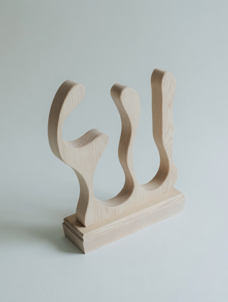 An ash sculpture, three flowing forms on a stepped base, three-quarter view