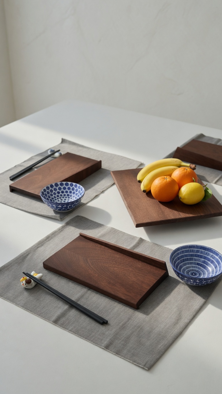 Walnut serving boards on linen placemats, table setting in soft light