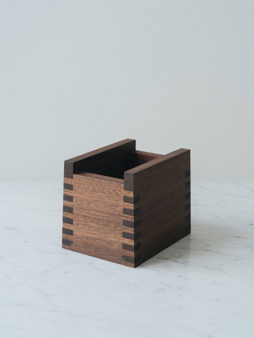 A walnut storage box on white marble, finger-jointed corners