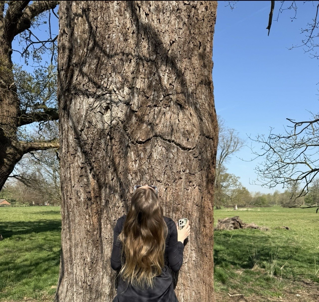 Ekaterina at the oak — hands against the bark